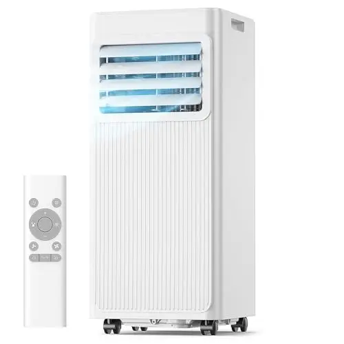 Aire Acondicionado Portátil 7000 BTU, Climatizador 4 en 1 (Frío, Ventilador, Deshumidificador 19L/D, Noche), Bajo Consumo, Silencioso, Temporizador 24H, Mando, Kit de Ventana Incluido, Blanco