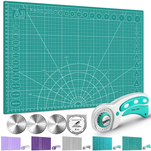 Miuzei Base de Corte A3 con Cutter Circular,Tapete de Corte,Alfombrilla de corte grande, resistente a los cortes, autocurativa, perfecta para coser, manualidades, patchwork. 45x60cm,Verde