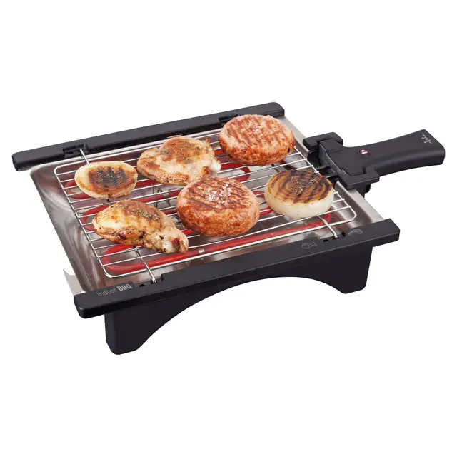JATA BQ95 - Barbacoa Eléctrica 2000 W sin Humo con Parrilla Ajustable 2 Alturas, Bandeja de Agua Antihumos, Grill Desmontable Fácil Limpieza, Superficie 28x22 cm