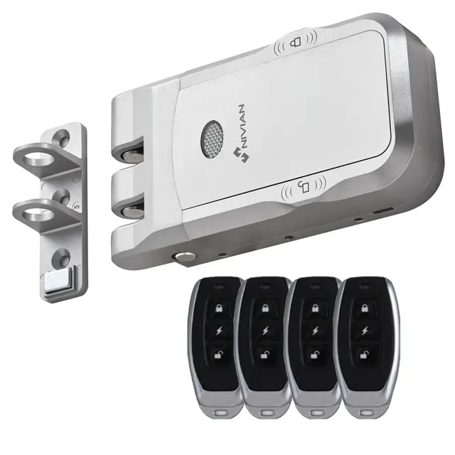 Nivian Cerrojo Invisible Electrónico Inalámbrico – Cerradura Antivandálica por Radiofrecuencia con Mandos a Distancia, Doble Motor, Apertura y cierre desde Interior y Exterior (Sin App)