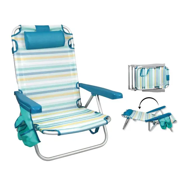 Silla Playa Plegable multiposición - con reposacabezas, Almohadilla y Bolso Lateral - Estructura de Aluminio Ligera y Tela Transpirable - Asas de Mano integradas