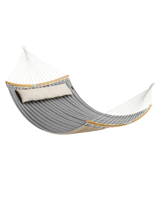 SONGMICS Hamaca Doble Tapizada, Hamaca de Jardín con Barras Curvas de Bambú Separables, con Cojín, para Camping, 200 x 140 cm, Carga de 225 kg, Gris y Beige GDC34CG