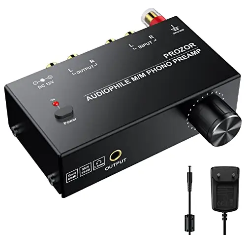 Preamplificador de Fono MM RIAA Preamp Tocadiscos Preamplificador de Microfono con Controles de Nivel Conector de Entrada y Salida RCA con Adaptador de Corriente 12V Preamplificador Estereo HiFi