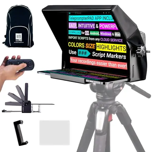 iLight Pro 12" iPad Tablet iPhone Smartphone - Kit con Mando, Mochila y App Teleprompter Apple Android Windows Mac, Prompter Profesional Resistente Cristal Beamsplitter - Made in EU