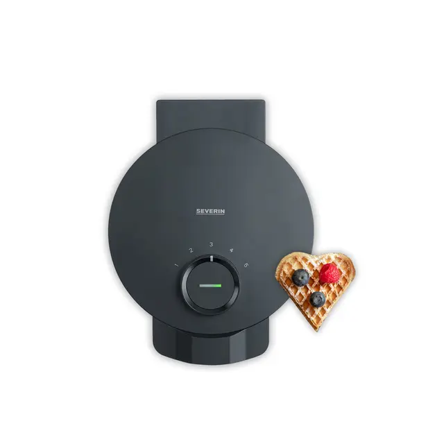 SEVERIN Gofrera Black Line, gofres con forma de corazón, revestimiento libre de PFAS, luz indicadora, práctico enrollador para el cable, 1000 W, negro/acero inoxidable, WA 2117