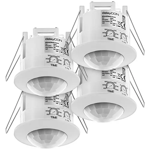 deleyCON 4X Infrarrojos Detector de Movimiento Empotrado Montaje en Techo Interno Control de Luz Área de Trabajo de 360° Alcance de 6m Sensor de Luz Integrado Blanco