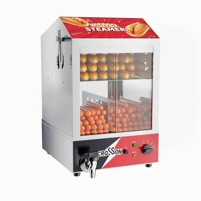 CROSSON Profesional Hot Dog Steamer 42L,1200W Hotdog Steamer Machine con bollo calentador de acero inoxidable gran capacidad 175 perros calientes y 50 rollos con puertas correderas