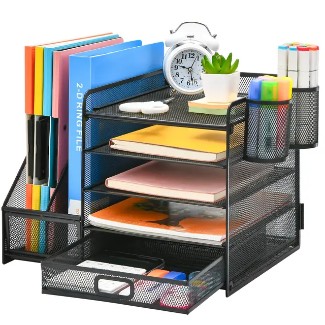 Marbrasse Organizador Escritorio,5 Niveles Bandeja para Cartas con Cajón y 2 Portalápices,Escritorio Organizador con Revistero para Oficina Hogar (Negro con Cajon)