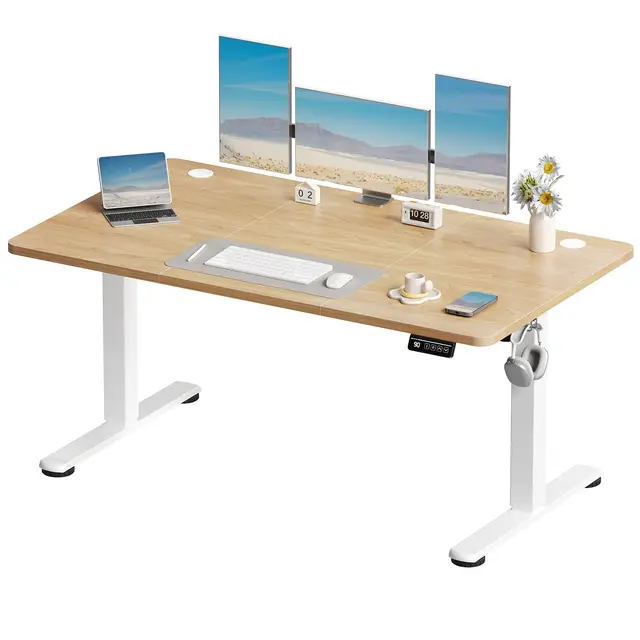 Devoko 140x60 cm Escritorio Regulable en Altura, Escritorio Elevable Eléctrico Telescópico Bidireccional, Escritorio de Oficinay Hogar, para Estudio en Casa con Tablero Ensamblado, Beige