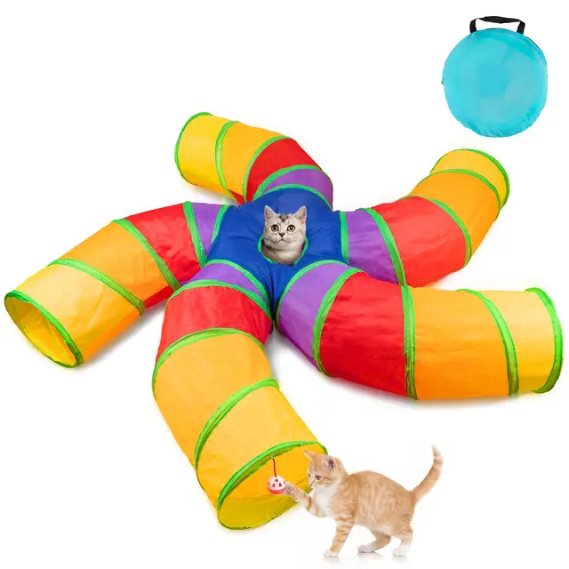 Depets Túnel para gatos de interior, túnel de juego grande de 5 vías y tubo con bola de juego, tubo plegable en forma de S con mirilla interactiva, ideal para ejercicio en interiores para gatitos