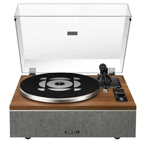 Tocadiscos de Vinilo Qlearsoul One-S Todo-en-Uno con Altavoces Integrados y DSP, Tocadiscos Vintage Bluetooth Entrada/Salida, Preamplificador Phono, Aguja AT-3600L, 33/45 RPM (Nogal)