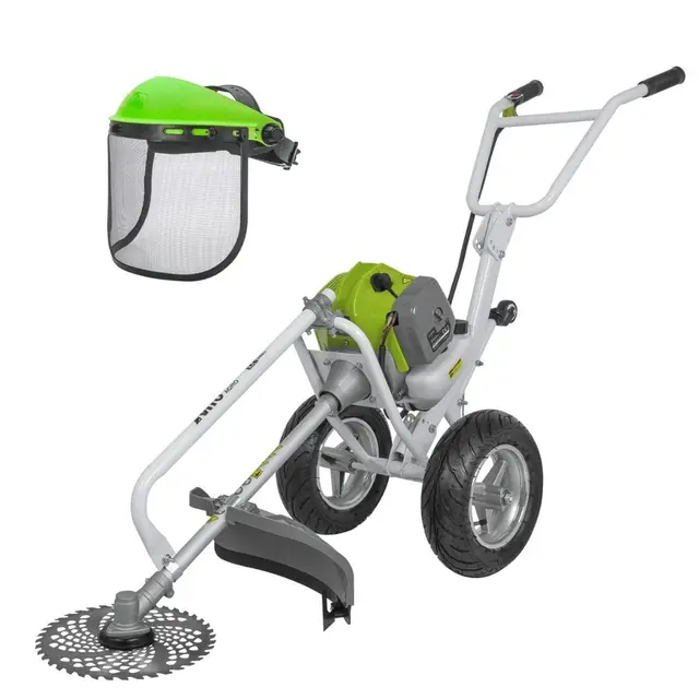VITO – Desbrozadora térmica de 52 cm³ con ruedas, hoja Ø 255 mm + casco de seguridad de malla
