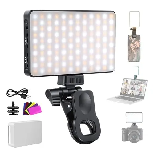 NEEWER Básico LED Selfie Luz Teléfono, Luz Relleno con Clip Recargable 2500-9000K, Películas en Color/Difusor/3000mAh, Luz Videoconferencia Regulable CRI95+ para iPhone Cámara Laptop Zoom Call,BL120B