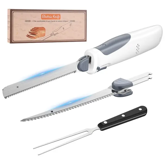PAHTTO Cuchillo eléctrico, cuchillo de cocina inalámbrico con 2 cuchillas de acero inoxidable y tenedor, cuchillo para filetear de 8 V con bloqueo de seguridad, para carne, pescado, pan, etc.