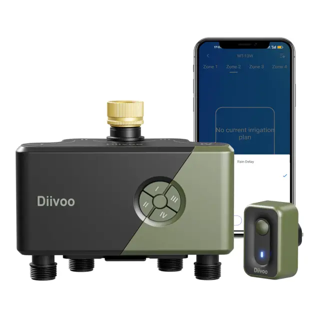 Diivoo Programador Riego WiFi 4 Zonas con Entrada de Latón, Temporizador de Riego Automático Compatible con Alexa/Google Assistant, 24 Programas de Riego, para Jardín y Céspedes