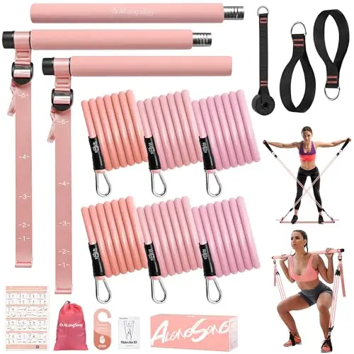 Barra de Pilates, ALongSong Barra Pilates Hecha de Hierro con 4/6 Bandas Elástica de Resistencia de 20-180LBS / 30-240LBS / 50-360LBS, Fitness en Casa para Mujer