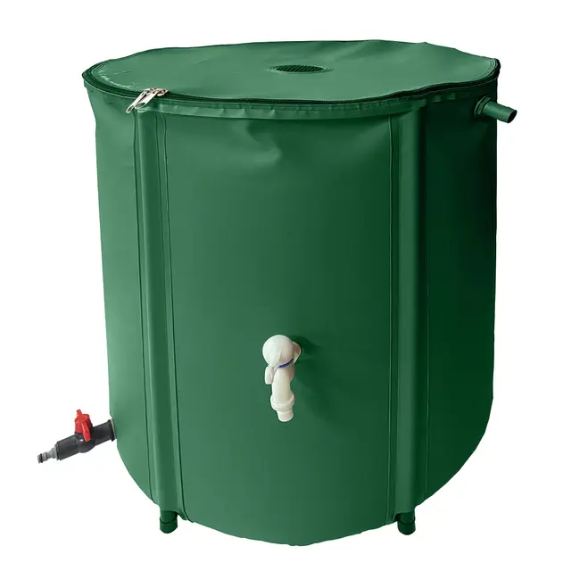 S&M 590351 – Depósito recuperador de Agua de Lluvia 380 L | Plegable, de PVC de Alta Resistencia Color Verde | con Grifo, válvula para mangueras, Salida antidesbordamiento y Filtro antihojas