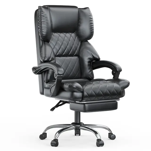 naspaluro Silla de Oficina con Reposapiés, Silla de Escritorio Ergonómica, Silla Ordenador de Cuero PU con Reposabrazos Acolchada y Reposacabezas, Silla Giratoria con Función de Inclinación, Negro