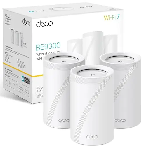 TP-Link Deco BE65(3-Pack) - BE9300 Wi-Fi 7 Mesh WLAN Set (Paquete de 3), Tribanda 5760 Mbit/s (6 GHz) + 2880 Mbit/s (5 GHz) + 574 Mbit/s (2,4 GHz), 6 transmisiones, 4 Puertos 2.5G, 1 USB 3.0