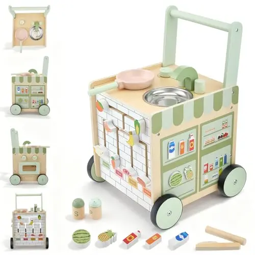 Andador Bebes, Andador Madera Bebé Desde 12 meses - con Centro de Actividades (Utensilio de Cocina, Pista de Laberinto de Frutas) Baby Walker Regalo ideal para niños y niñas de 1 a 3 años