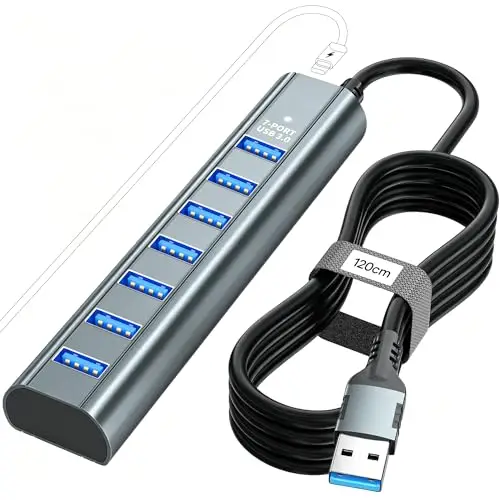 Hub USB 3.0 de 7 Puertos con Cable de 120 cm para Escritorio, Splitter USB multienchufe de 5Gbps con Puerto 5V 3A Tipo C, Hub multipuerto para PC, Ordenador portátil, MacBook Pro/Air