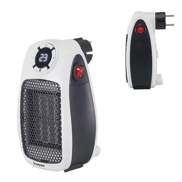 BEPER P203TER350 Mini calefactor cerámico, mini calefactor eléctrico compacto de 500 W/1000 W, pantalla LED, temporizador de 24 horas, termostato, enchufe giratorio de 90°, apagado automático seguro