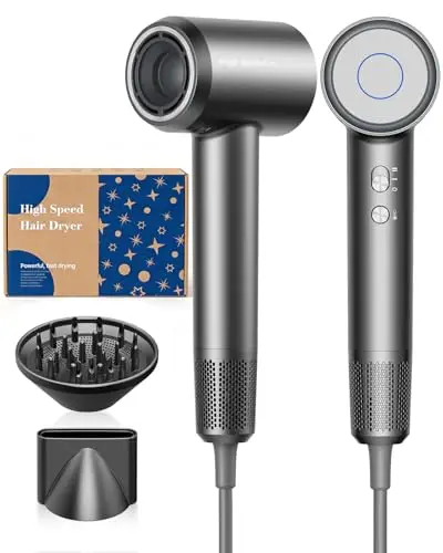 Secador de Pelo Iónico de Alta Velocidad, Ligero, Motor Sin Escobillas 160.000 RPM, Secado Rápido, Anti Encrespamiento, Bajo Ruido, con Difusor y Boquilla, Enchufe UE, Gris