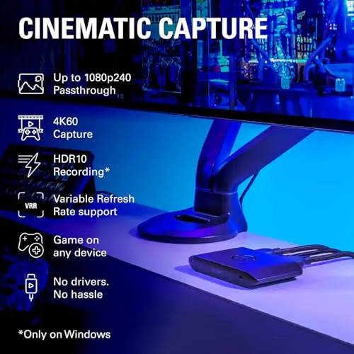 Elgato 4K S - Tarjeta de Captura Externa para PS5, Xbox Series X/S, Switch 2, PC, Mac, iPad | Paso y Captura en 4K60, 1440p120 o 1080p240, HDR10, VRR, USB-C, Latencia casi Nula