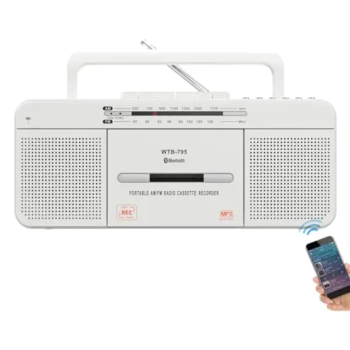 WISCENT Reproductor de Cassette con Radio estéreo USB/Bluetooth/Am/FM, convertidor de Casete a MP3, Altavoz Grande, Conector para Auriculares (Blanco Reproductor de Cassette)