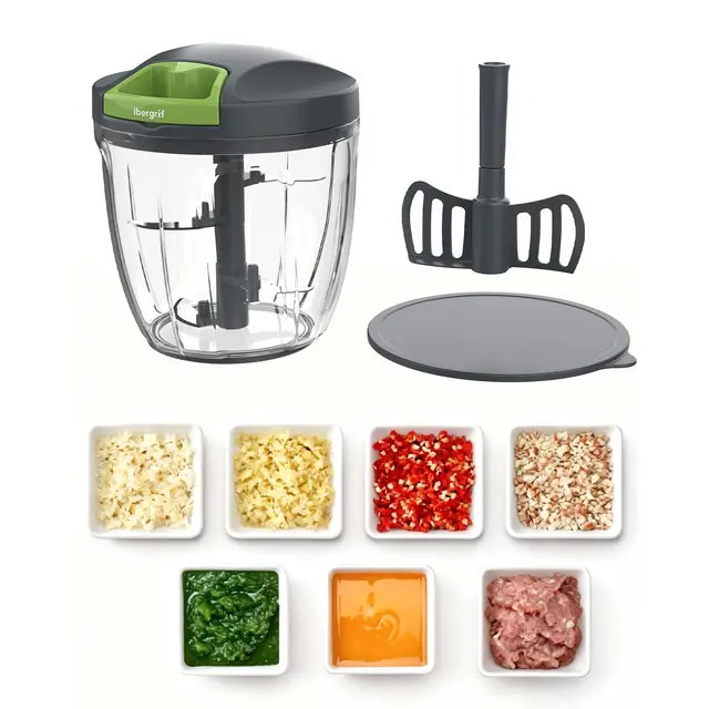 Ibergrif 900ml Picadora manual con cable - Portátil Picadora de Verduras con Cuchillas Inox, Paleta mezcladora, Base antideslizante, Sin BPA - Vegetable Chopper para Huevo Cebolla Frutos Secos Bebé