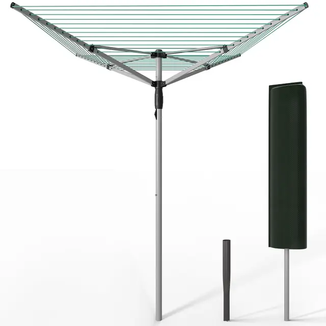 VOUNOT® Tendedero Giratorio 45M de Cuerda Secadora de Ropa Rotativa para Exteriores 4 Brazos Sistema Tipo Paraguas Línea de Lavado Plegable con Funda y Estaca para Jardín Al Aire Libre Plateado/Verde