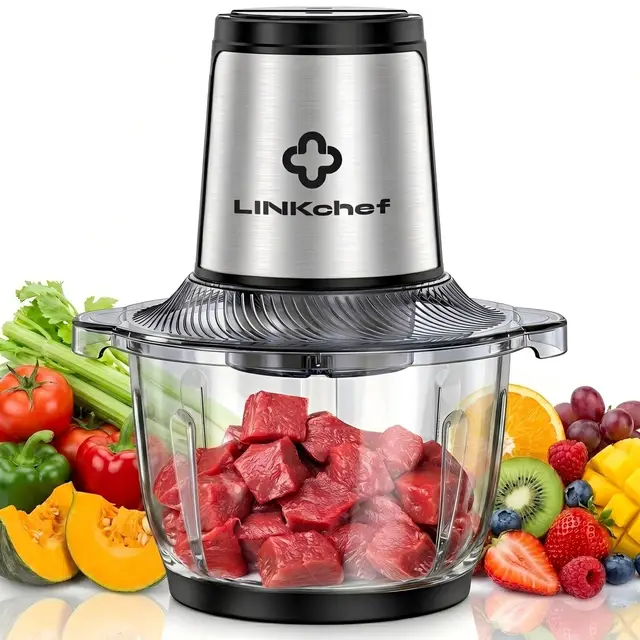 LINKChef Picadora Eléctrica 1,5L Vaso de Vidrio, 2 Velocidades, Cuchillas de Acero Inoxidable de 3 Niveles – Mini Procesador de Alimentos para Carne, Verduras, Frutas, Frutos Secos y Comida para Bebé