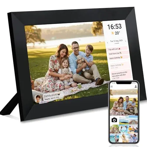 Veidoo Marco de Foto Digital WiFi, Pantalla Táctil de 10 Pulgadas, 32 GB Memoria, Rotación Automática, Música/Video/Calendario/Reloj, Fotos y Videos a través Frameo, Regalo para la Familia(Negro)