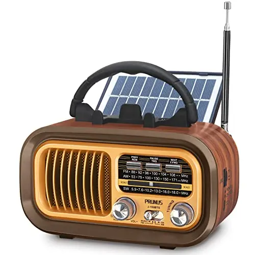 PRUNUS J-150 Radio Vintage Retro FM/Am/SW, Radio Portatil Pequeña Recargable de 1200mAh, o Funciona con 2 Pilas D, con Panel Solar, Transistores Radios con Bluetooth, Reproductor USB/TF de 5W.