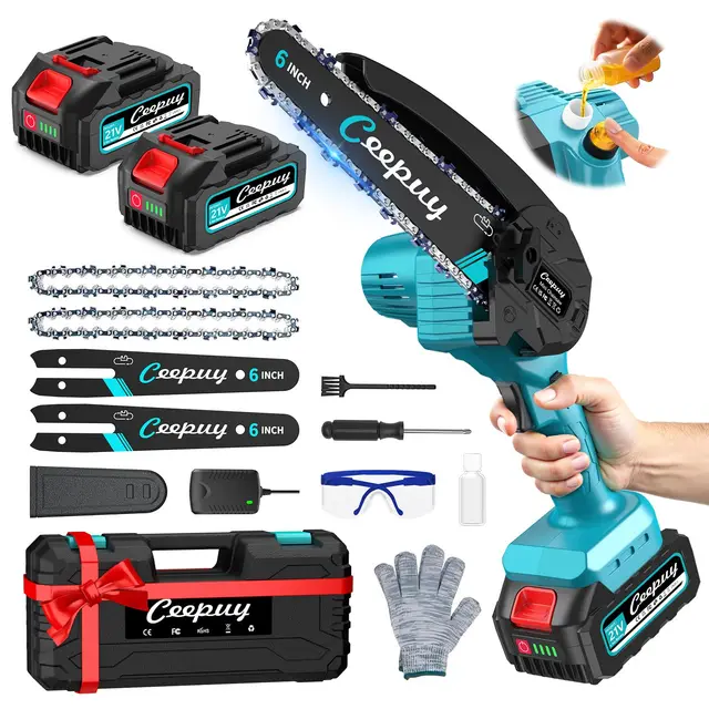 Mini Motosierra Batería 6 Pulgadas 2×4000mAh, Sierra Eléctrica Inalámbrica con Depósito de Aceite, Portátil para Podar Jardinería y Árboles