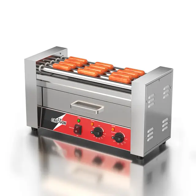CROSSON Maquina Perritos Calientes 7 Rollos con Calentador de pan,Hot Dog Maquina Comercial de Acero Inoxidable con Control de Temperatura,1050W