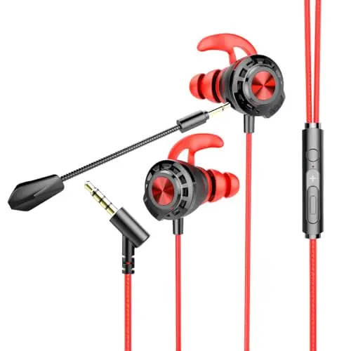 Auriculares In-Ear Gaming con Cable y Microfono, Multiplataforma para PS4, PC, Xbox, PUBG, Doble Micrófono, Auriculares Profesionales de 3,5 mm (Rojo)