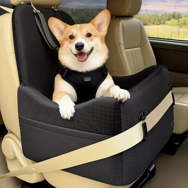 PETSFIT Asiento Elevado para Perros Pequeños/Medianos hasta 15 kg – Sistema de Seguridad Patentado, Cojín Viscoelástico de 13 cm, Desmontable y Lavable con 2 Bolsillos(Negro)