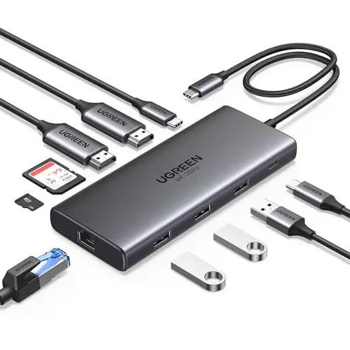 UGREEN Revodok Pro 210 Docking Station USB C 10 En 1 Doble HDMI 8K30Hz 4K60Hz Hub Adaptador Tipo C a Ethernet RJ45 Gigabit PD 100W Lector Tarjeta SD TF Compatible con MacBook Pro Air M4 M3 M2 M1