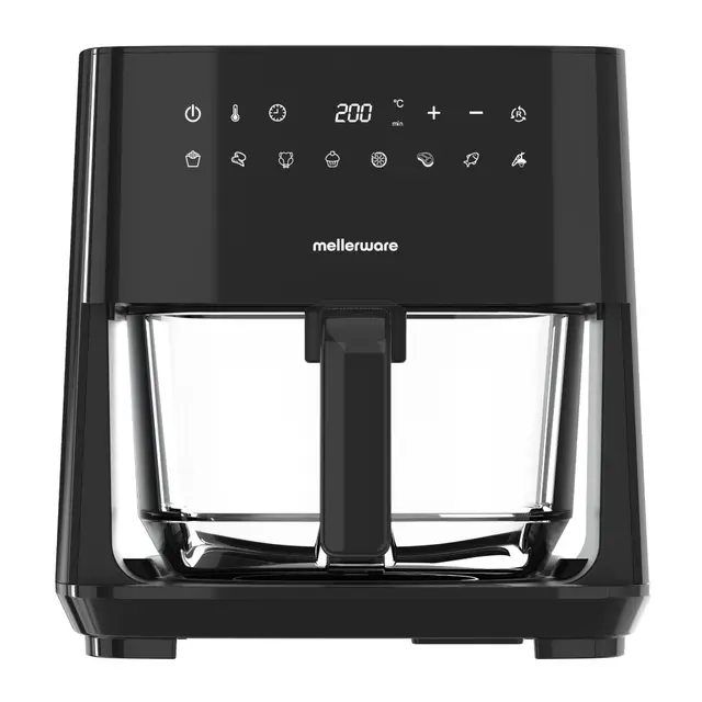 MELLERWARE - Freidora de Aire Crunchy Glass 1450W | Cestillo Cristal 4,5L | 9 Programas + Precalentar | Pantalla Táctil | Temp 80-200ºC | Temporizador 60 min | Apta Lavavajillas