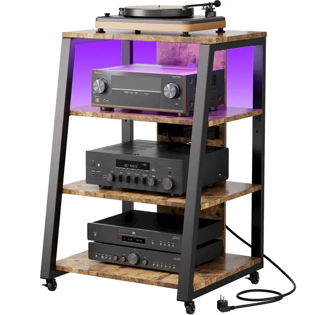 Lifewit 4 Estante Soporte Multimedia AV con Tomas de Corriente, Estantes Estéreo con Luces LED, Ruedas y Estantes Ajustables para Tocadiscos, Rolling Media Console, 60 x 55 x 90 cm, Marrón Rústico