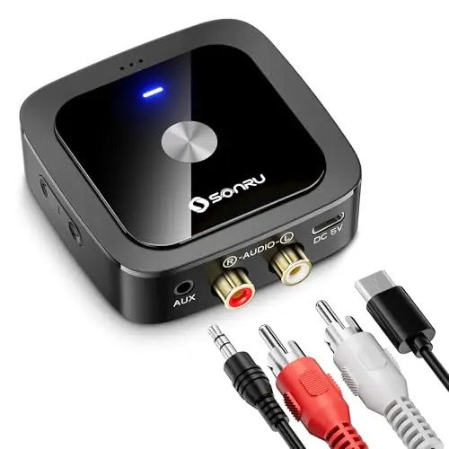 SONRU Receptor Bluetooth 6.0 HiFi, Adaptador De Audio Inalámbrico con Jack Aux 3,5 mm Y RCA,para Sistema Estéreo De Coche/Doméstico,Conexión Dual,Tiempo de Reproducción 24H