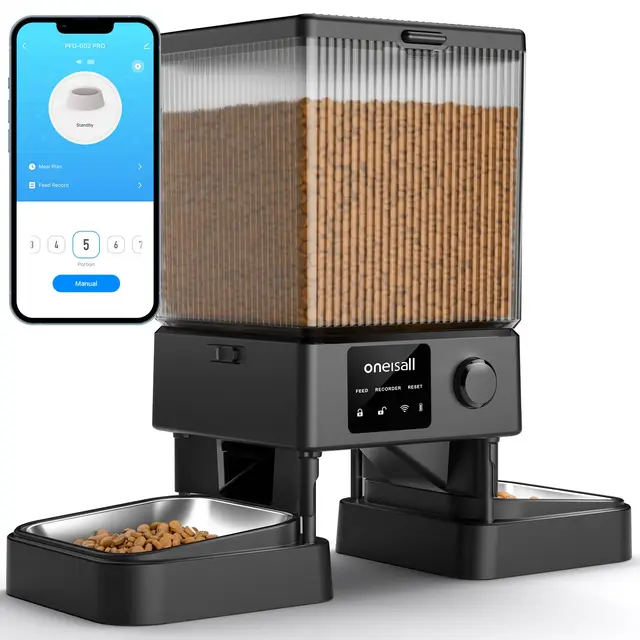 oneisall 5L Comedero Automático Gato 2 Tazones, 5G/2.4G WiFi Máquina de Comida Inteligente para Gatos/Perros, fácil Operación con Control App, con 2 Tazones de Acero Inoxidable, Grabadora de Voz