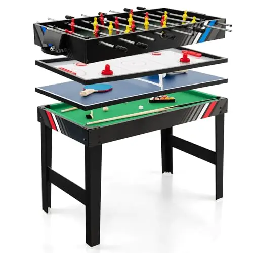 HOMASIS 4 en 1 Mesa Multijuego con Futbolín, Billar, Air Hockey y Ping Pong, Mesa de Juegos de Madera para Niños y Adultos, 125 x 97 x 83 cm, para Fiesta, Bar, Oficina