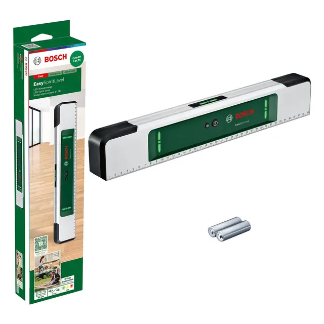 Bosch nivel de burbuja EasySpiritLevel (concepto LED intuitivo, asistencia acústica, indicación de ángulo reducido +/- 3°, precisión de 0,1° a 0°, 90°, 180° y 270°, escala estampada, en caja)