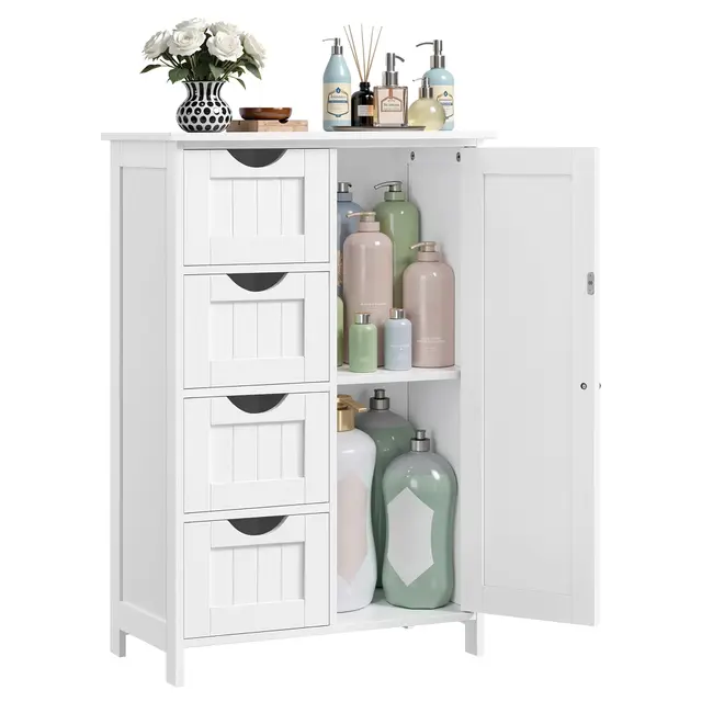 VASAGLE Gabinete de Baño, Gabinete de Almacenamiento con 4 Cajones y 1 Armario de Taquilla, Puerta Simple, Estante Ajustable, para Sala de Estar, Cocina, Entrada, Blanco LHC41W