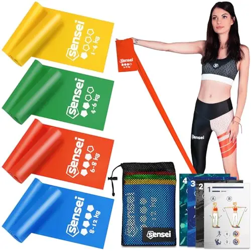 SENSEI® Bandas Elásticas Fitness & Cintas de Resistencia (200 cm) – Bandas de Gimnasia Extra Largas de 100% Látex Natural – Ideal para Fisioterapia, Pilates, Yoga y Musculación – Incluye E-Book