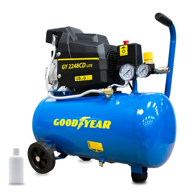 Goodyear -Compresor Eléctrico Motor de Inducción 24 Litros 2CV 230 V - 50 Hz. Compresor 165 litros/minuto Capacidad de Aspiración. 2.800 rpm. Presión Nominal 8 bares. 97 dB