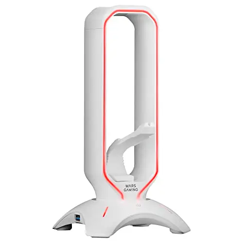 Mars Gaming MHHPRO, Soporte Auriculares 3en1 con Iluminación RGB Flow Touch, Bungee para Ratón, HUB con 2 USB 3.0, Base Antideslizante y Diseño Compacto, Blanco