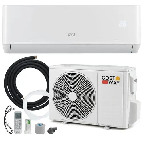 COSTWAY Aire Acondicionado Split, 3,4 kW,Aire Acondicionado Inverter con Calefacción con Bomba de Calor,Refrigerante: R32,Calefactor y Refrigerador con Kit de Montaje para Habitación 70m³(12000BTU)